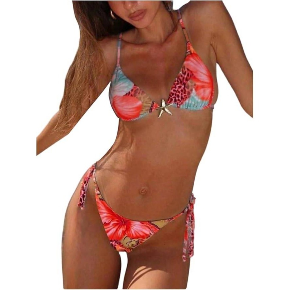 MSRP $44 RoseSeek Women's XS 2 Piece Leopard Floral Bikini Set Halter Triangle